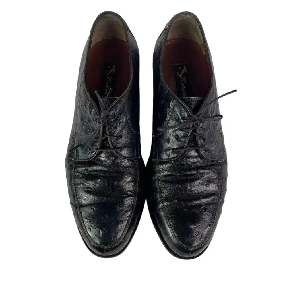Calcaterra Shoes Mens 9 D Ostrich Dark Blue Leather Oxfords Lace Up Moc Toe